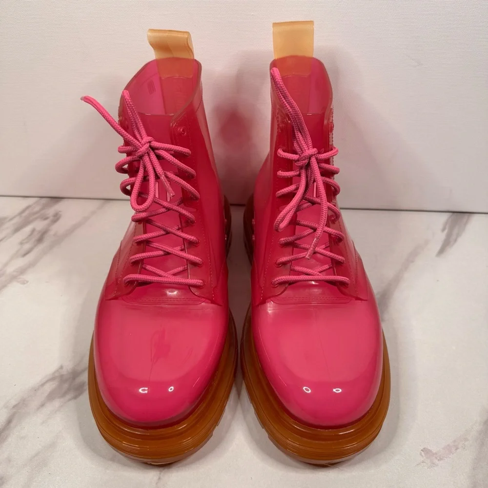 MELISSA Coturno Translucent Platform Lace Up Combat Boots HOT PINK-ORANGE / 7 US - Picture 8 of 14